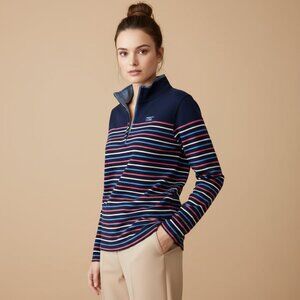 L.L. Bean Womens Medium Multicolor Stripe Henley Collar Cotton Rugby Navy